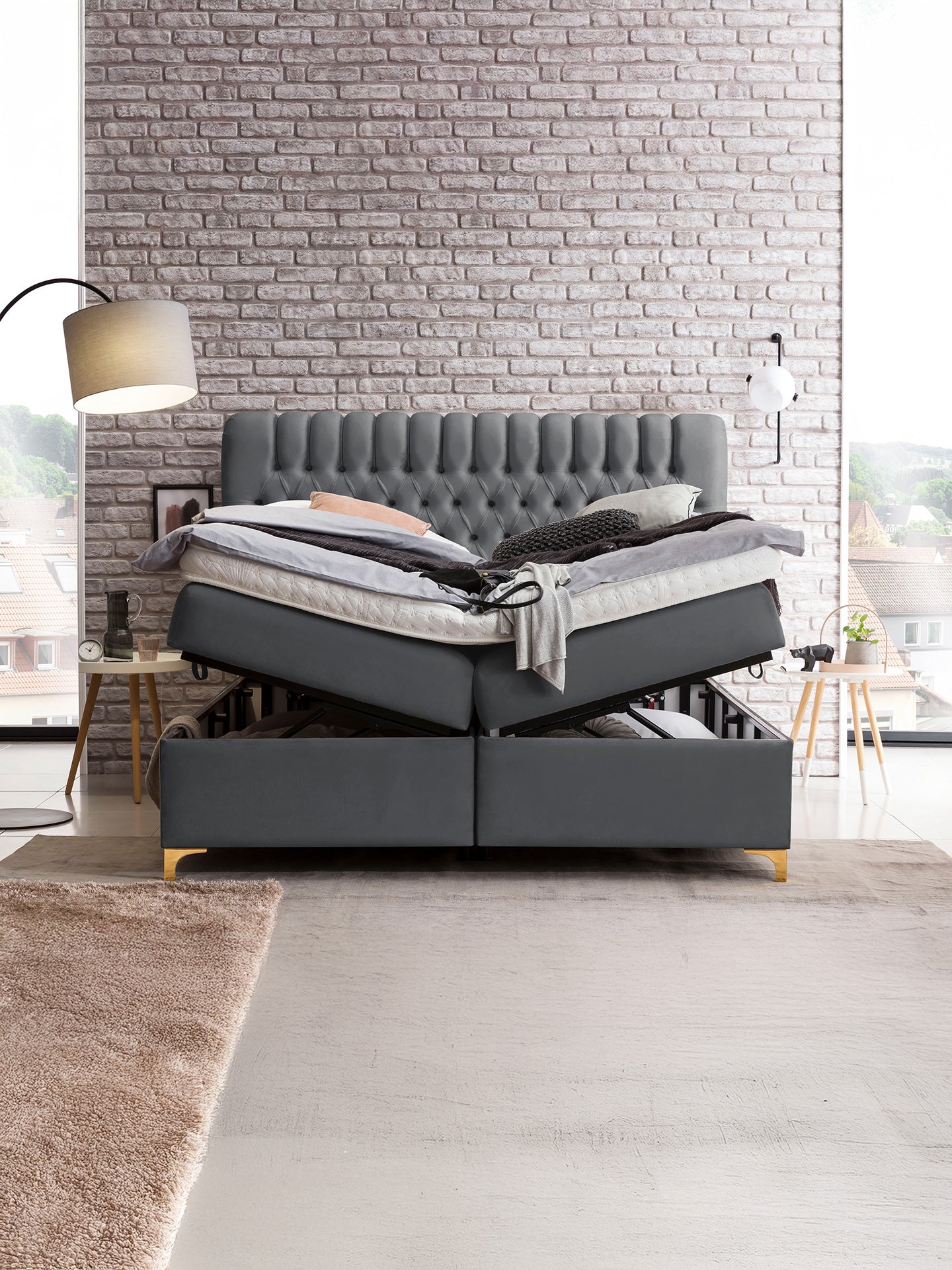 Velours Boxspringbett mit Stauraum Dunkelgrau CHESTER