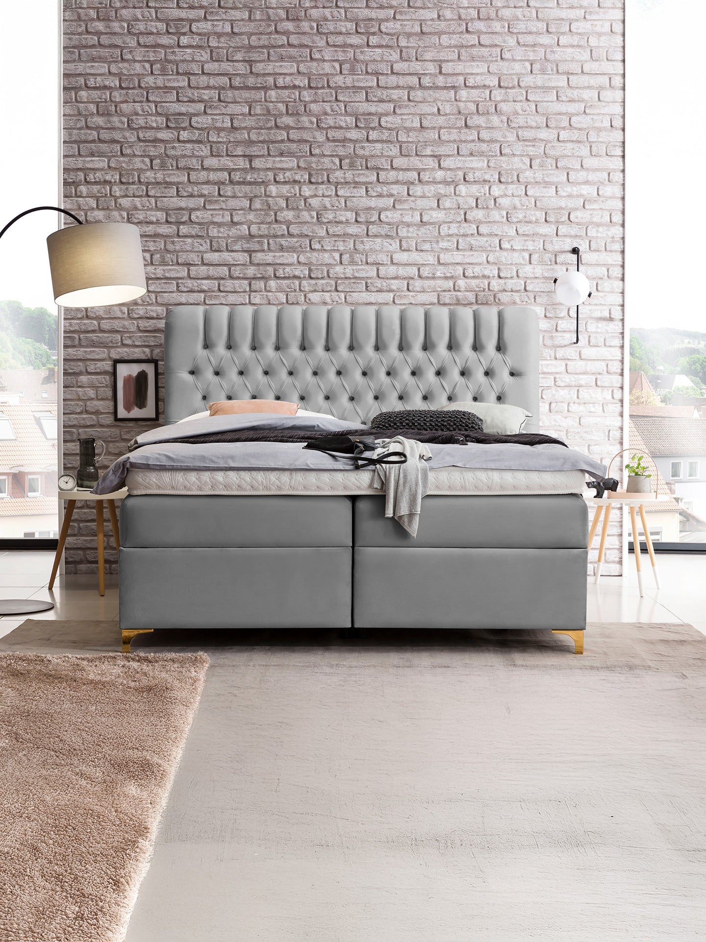Velours Boxspringbett mit Stauraum Grau CHESTER