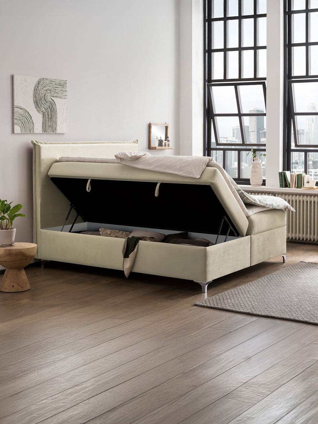 Velours Boxspringbett mit Stauraum Creme LONDON