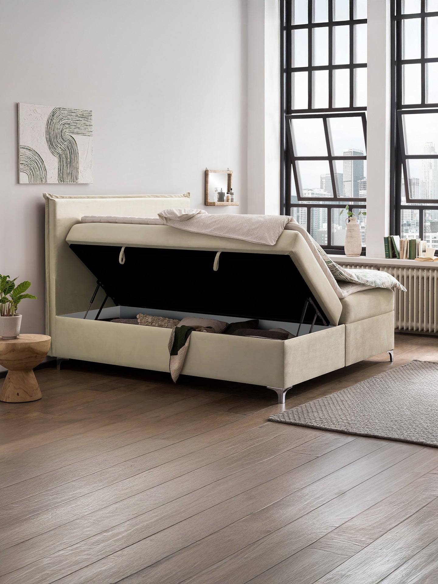 Velours Boxspringbett mit Stauraum Creme LONDON