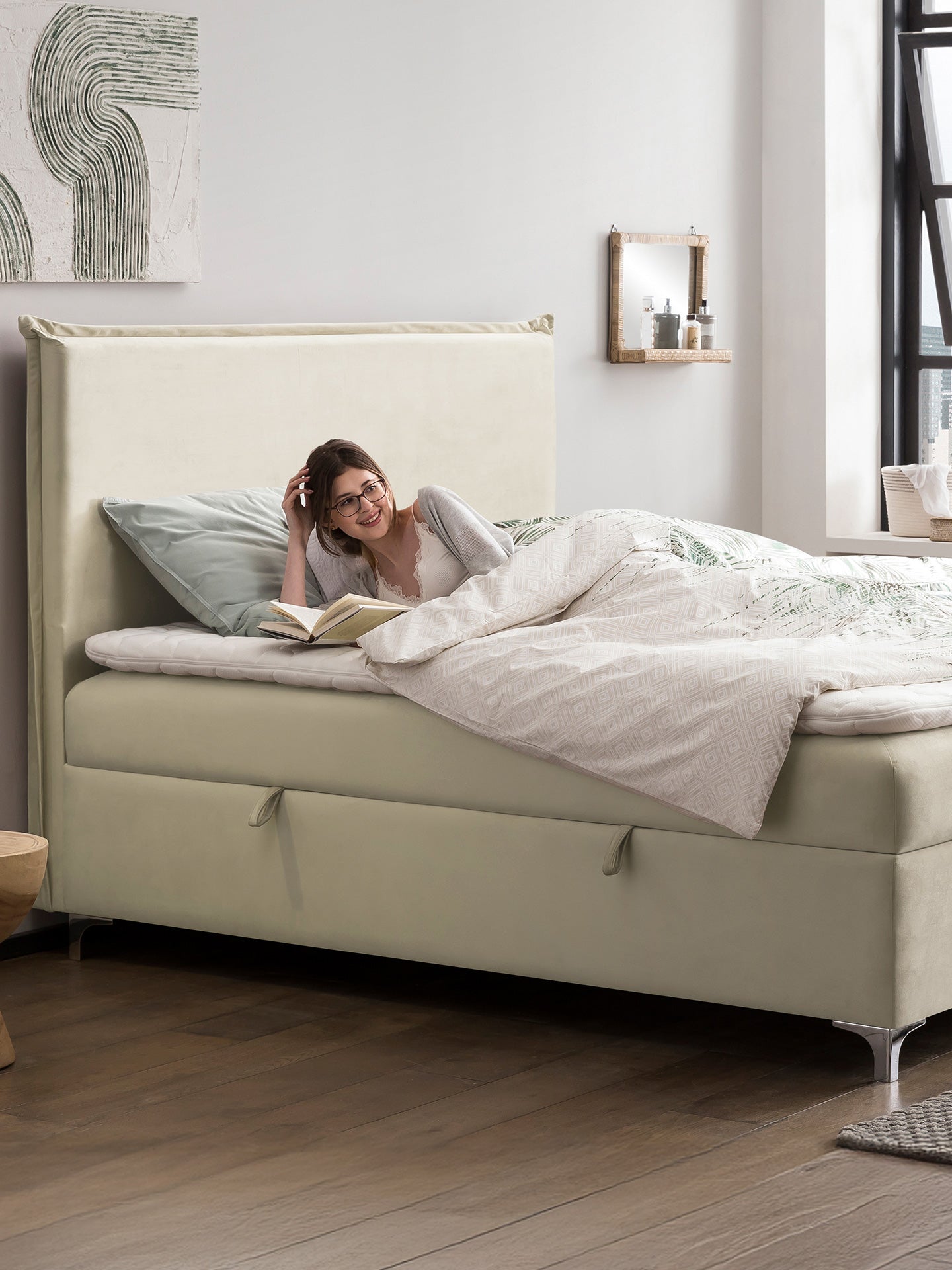 Velours Boxspringbett mit Stauraum Creme LONDON