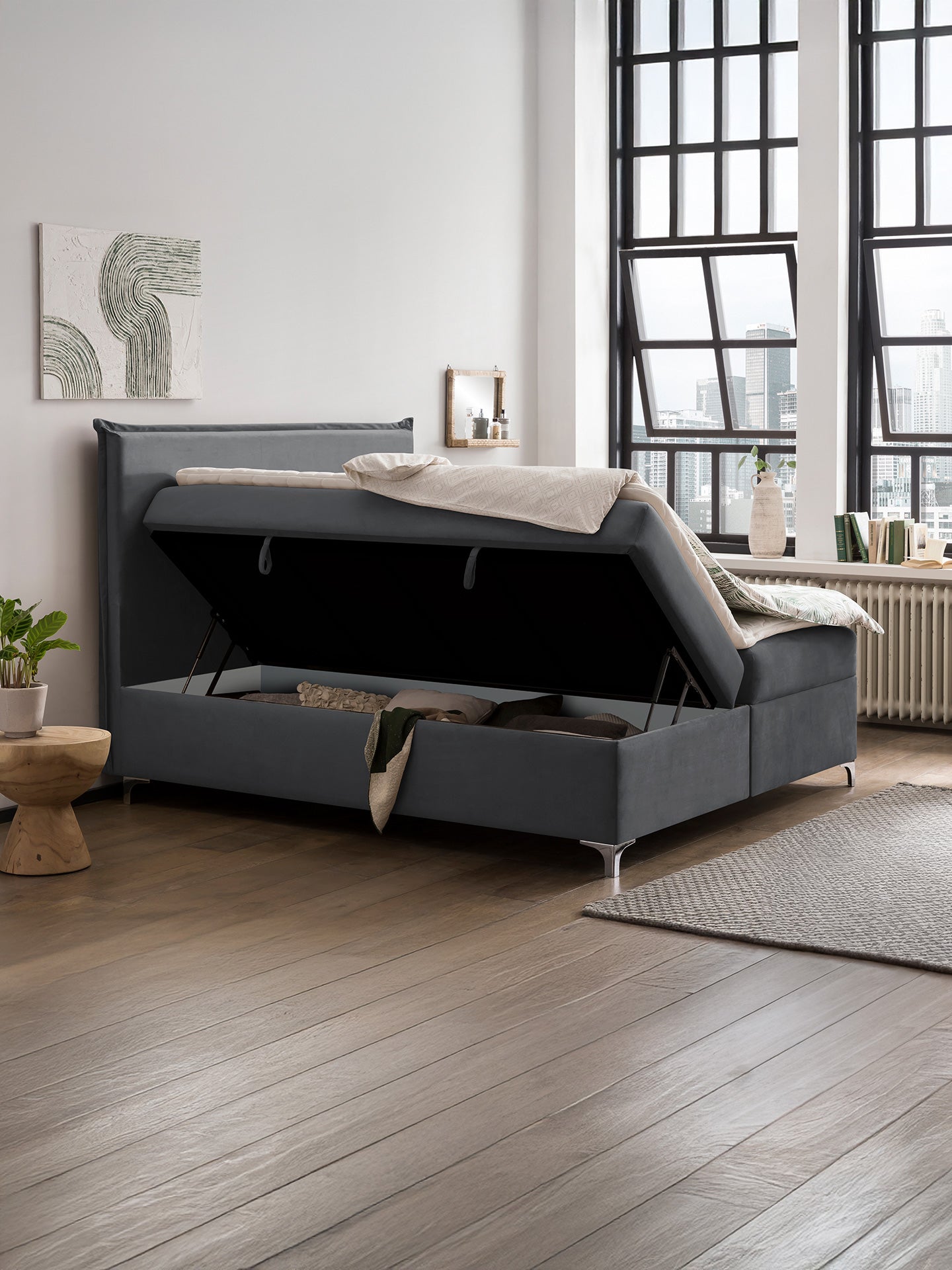 Velours Boxspringbett mit Stauraum Dunkelgrau LONDON