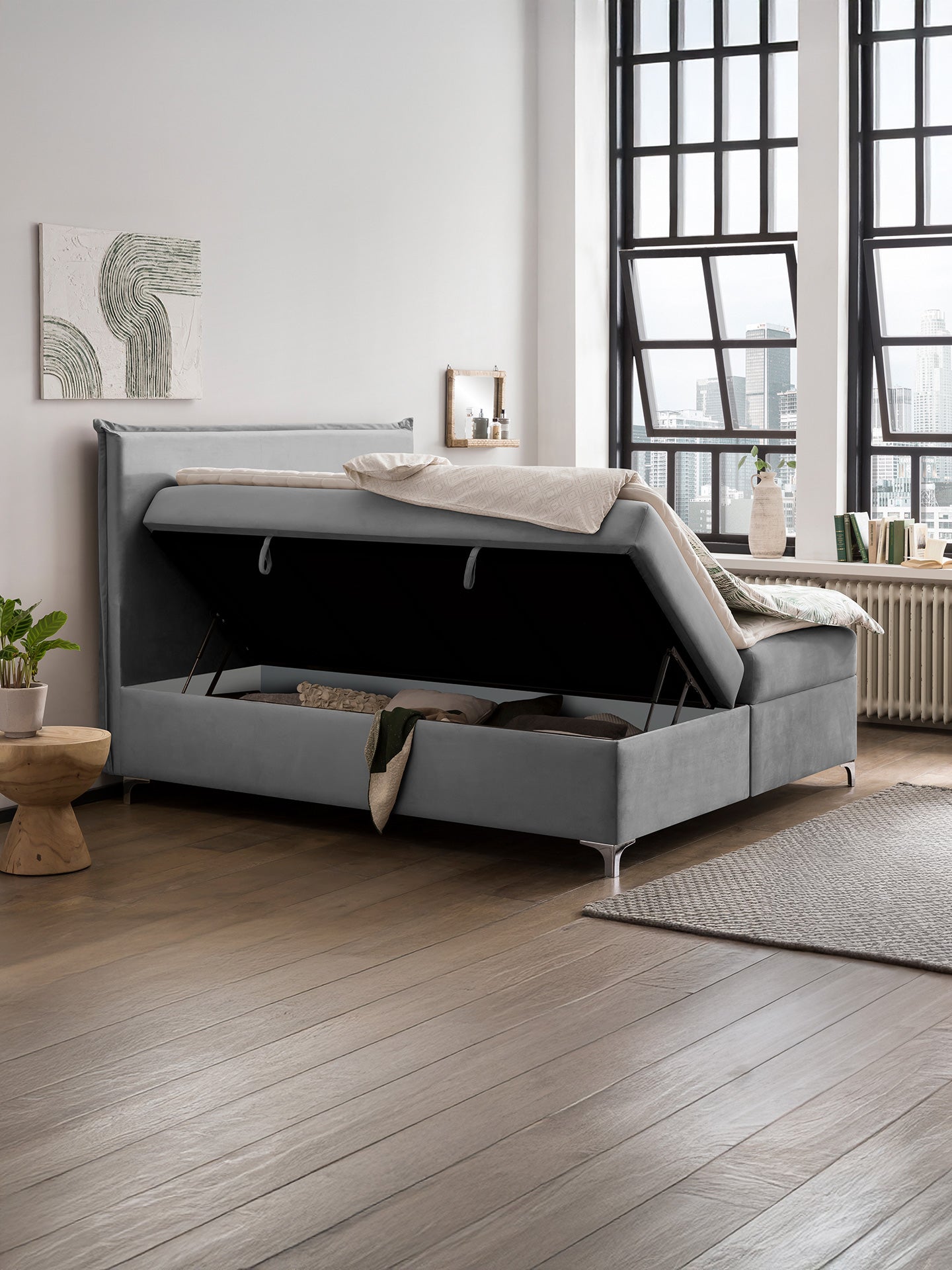 Velours Boxspringbett mit Stauraum Grau LONDON