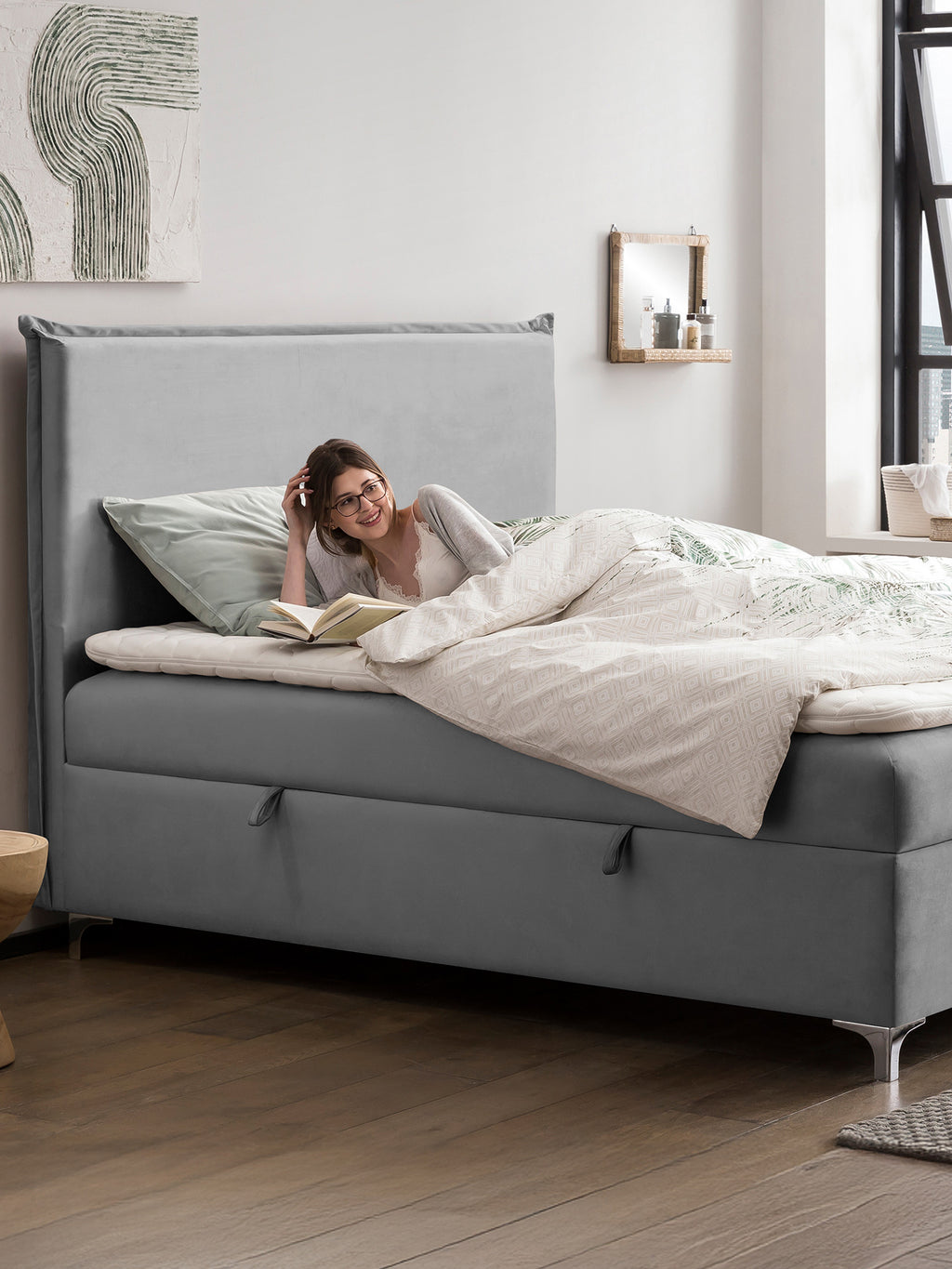 Velours Boxspringbett mit Stauraum Grau LONDON