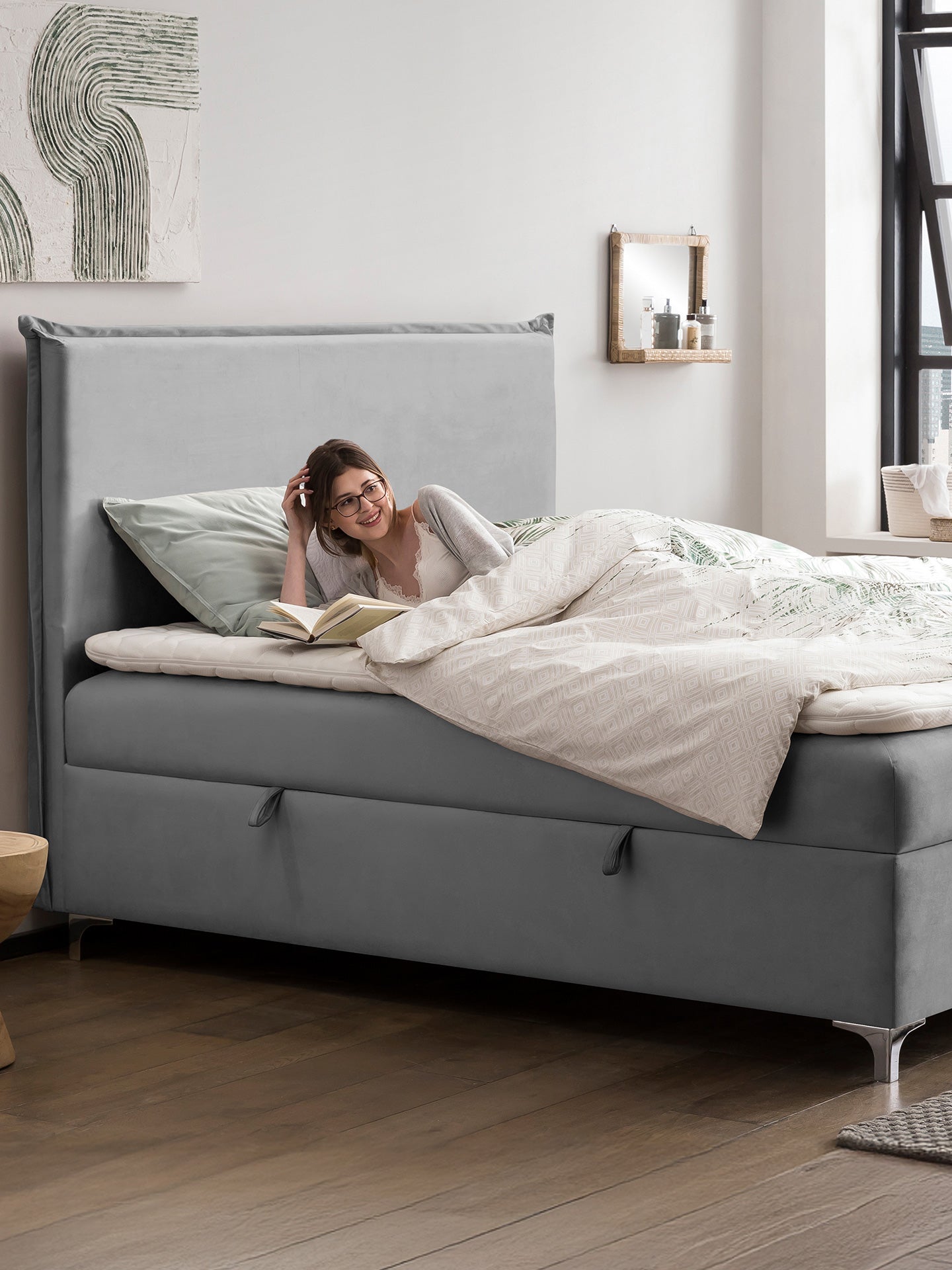 Velours Boxspringbett mit Stauraum Grau LONDON