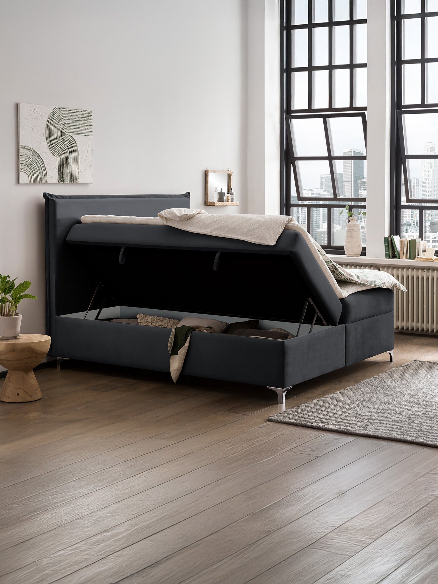 Velours Boxspringbett mit Stauraum Schwarz LONDON