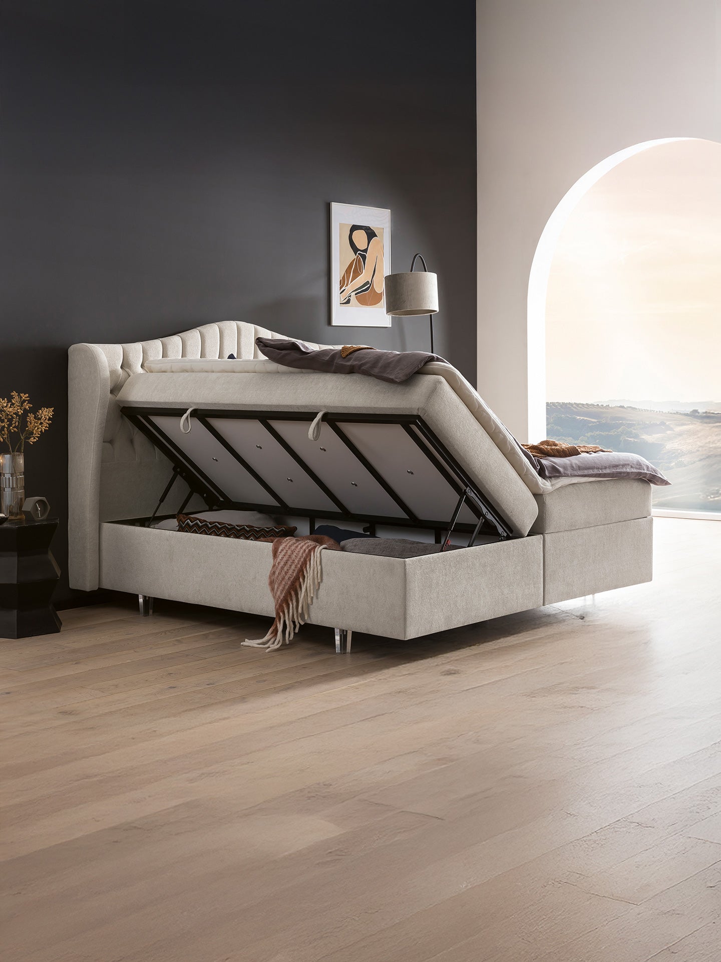 Teddy-Bouclé Boxspringbett mit Stauraum Altweiß MAISON