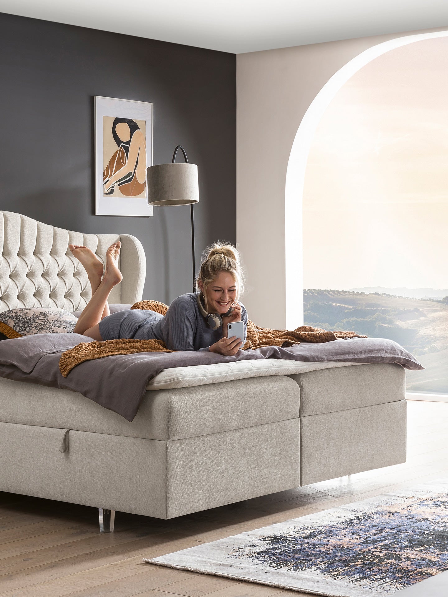 Teddy-Bouclé Boxspringbett mit Stauraum Altweiß MAISON