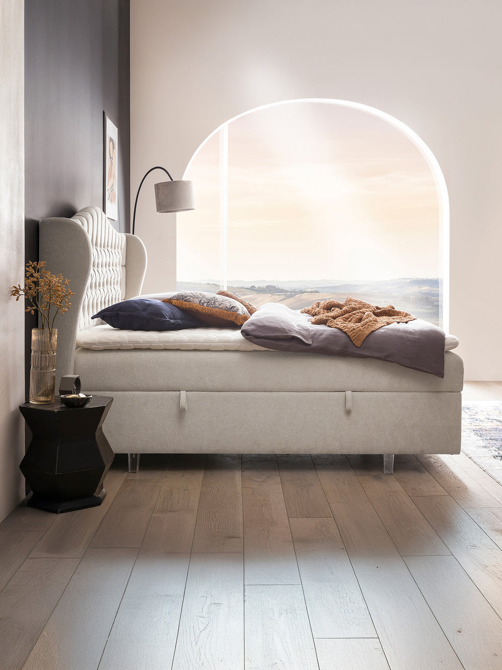 Teddy-Bouclé Boxspringbett mit Stauraum Altweiß MAISON