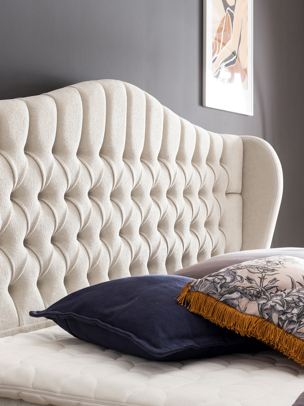 Teddy-Bouclé Boxspringbett mit Stauraum Altweiß MAISON