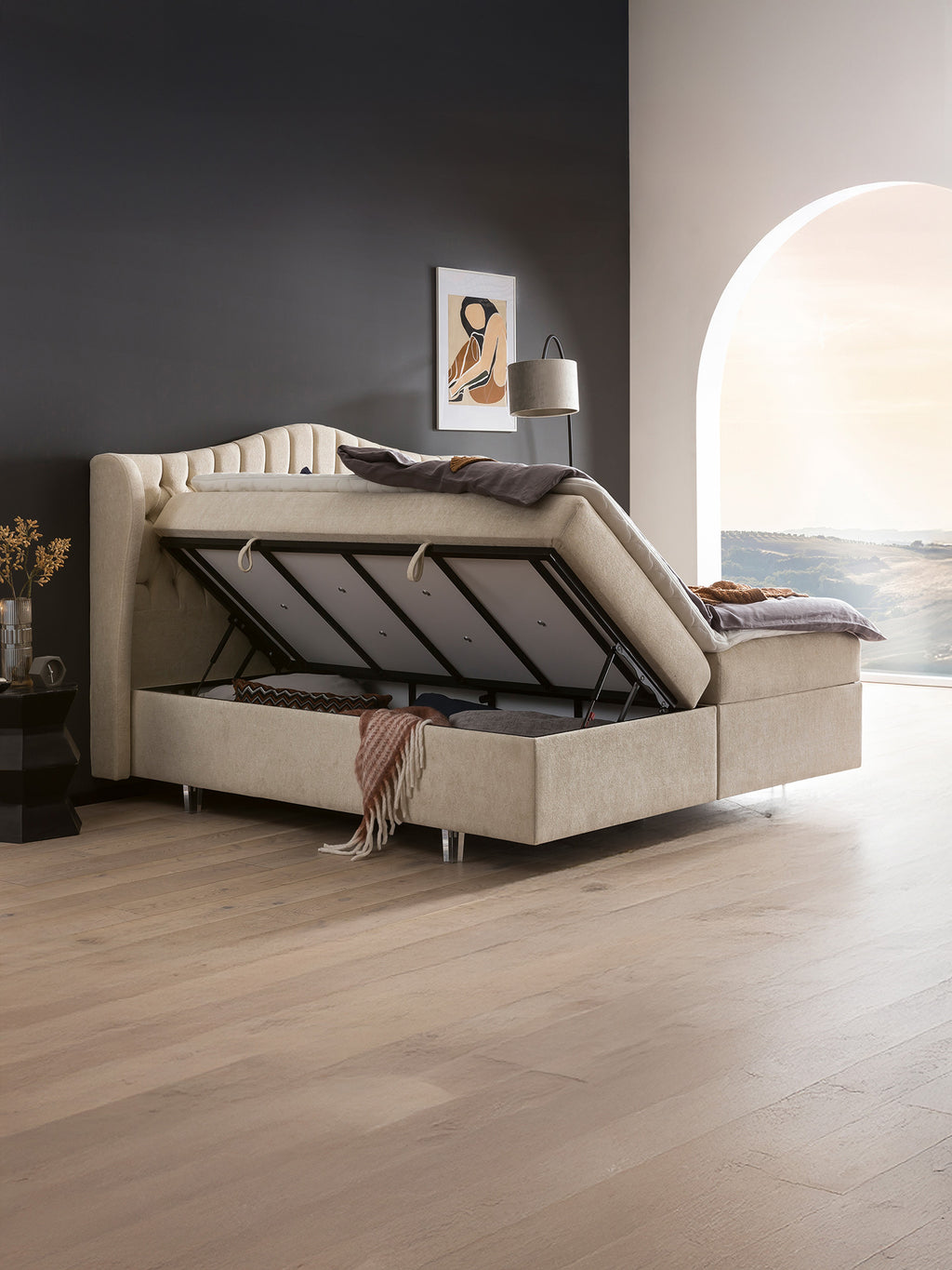 Teddy-Bouclé Boxspringbett mit Stauraum Creme MAISON