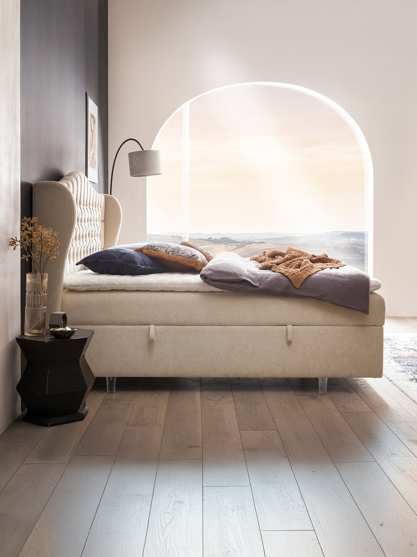 Teddy-Bouclé Boxspringbett mit Stauraum Creme MAISON