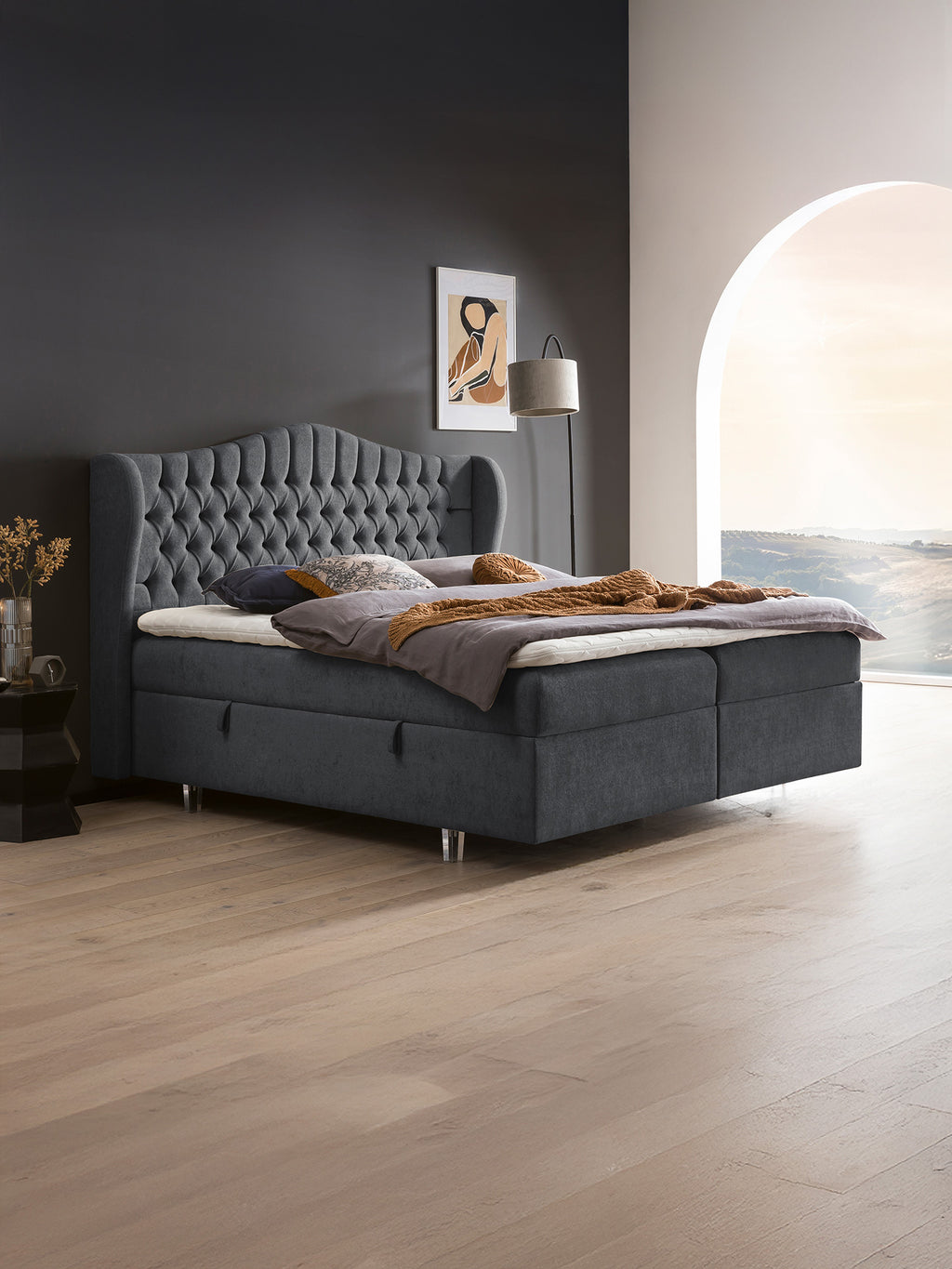 Teddy-Bouclé Boxspringbett mit Stauraum Dunkelgrau MAISON