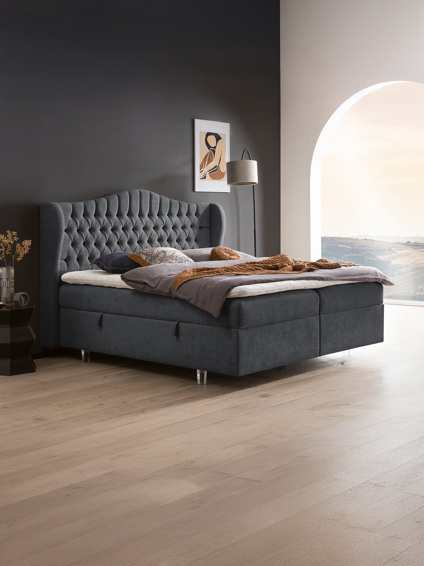 Teddy-Bouclé Boxspringbett mit Stauraum Dunkelgrau MAISON