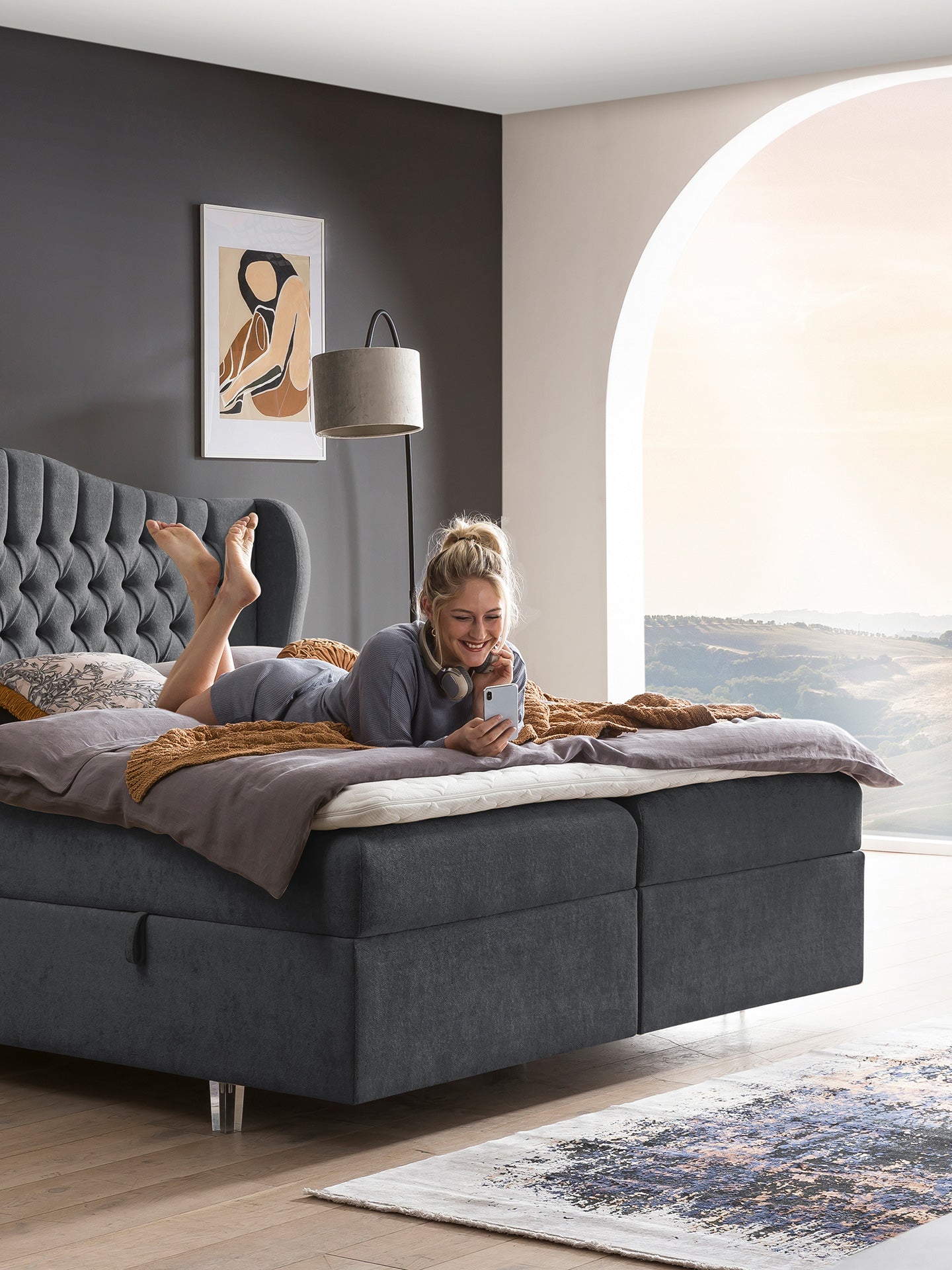 Teddy-Bouclé Boxspringbett mit Stauraum Dunkelgrau MAISON