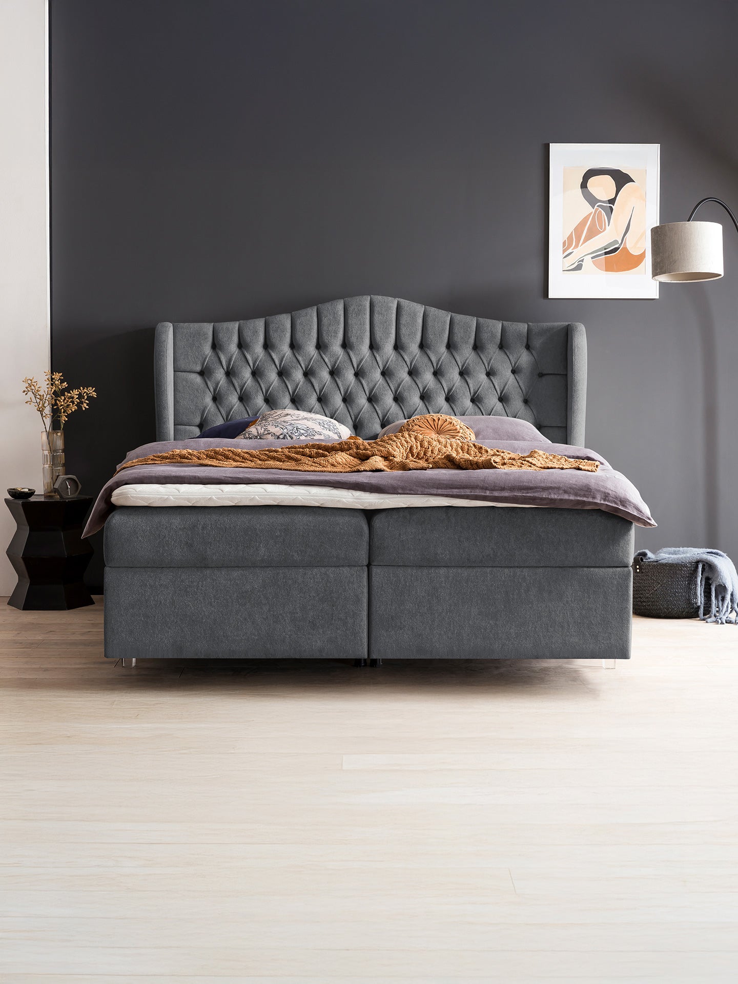 Teddy-Bouclé Boxspringbett mit Stauraum Dunkelgrau MAISON