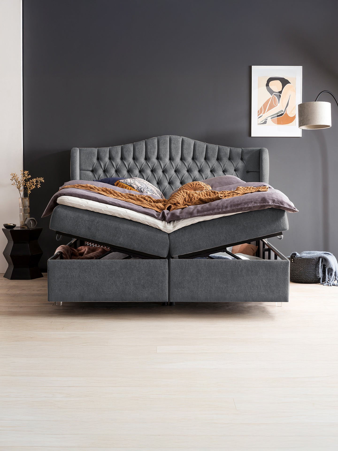 Teddy-Bouclé Boxspringbett mit Stauraum Dunkelgrau MAISON