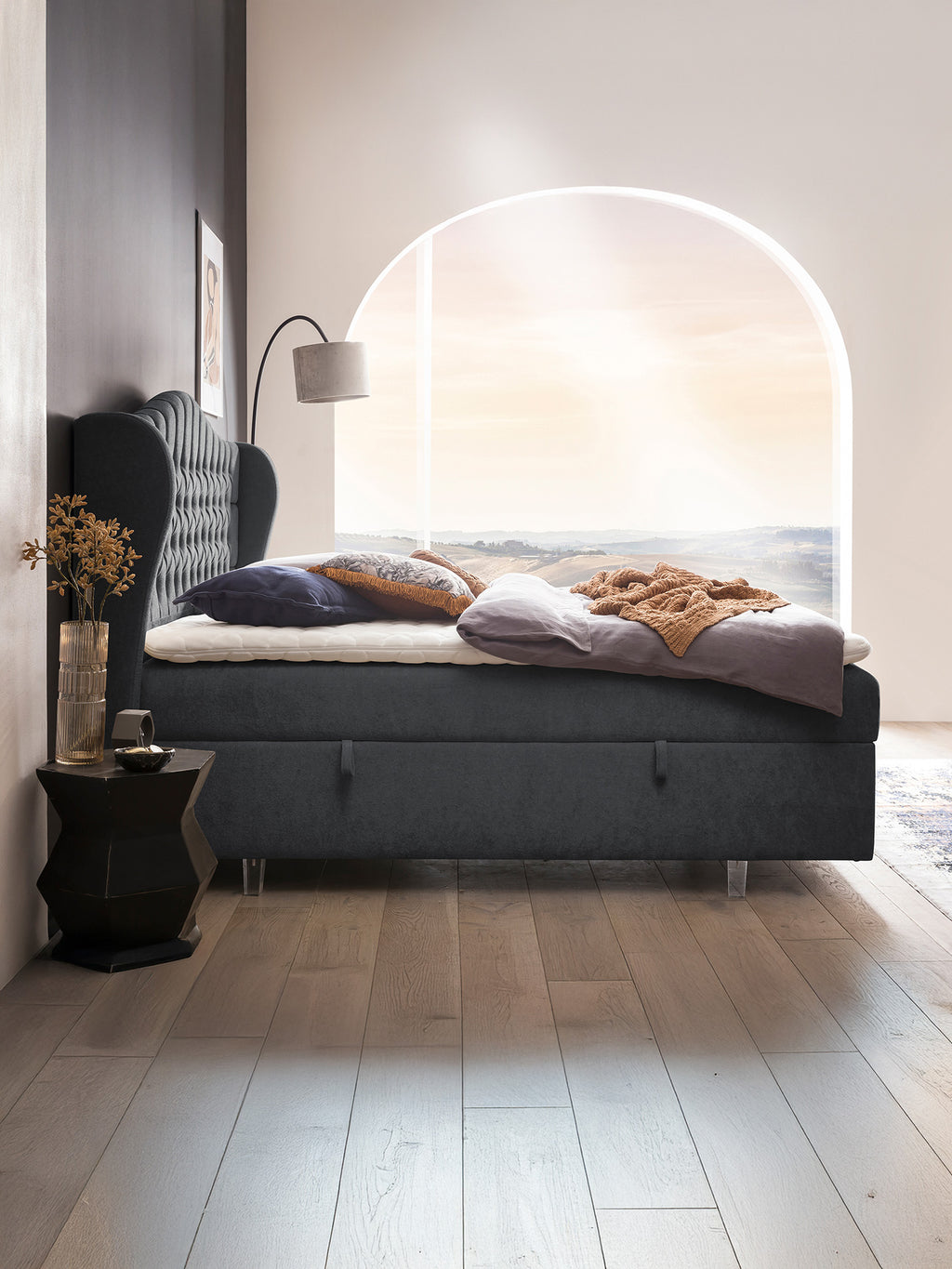 Teddy-Bouclé Boxspringbett mit Stauraum Dunkelgrau MAISON