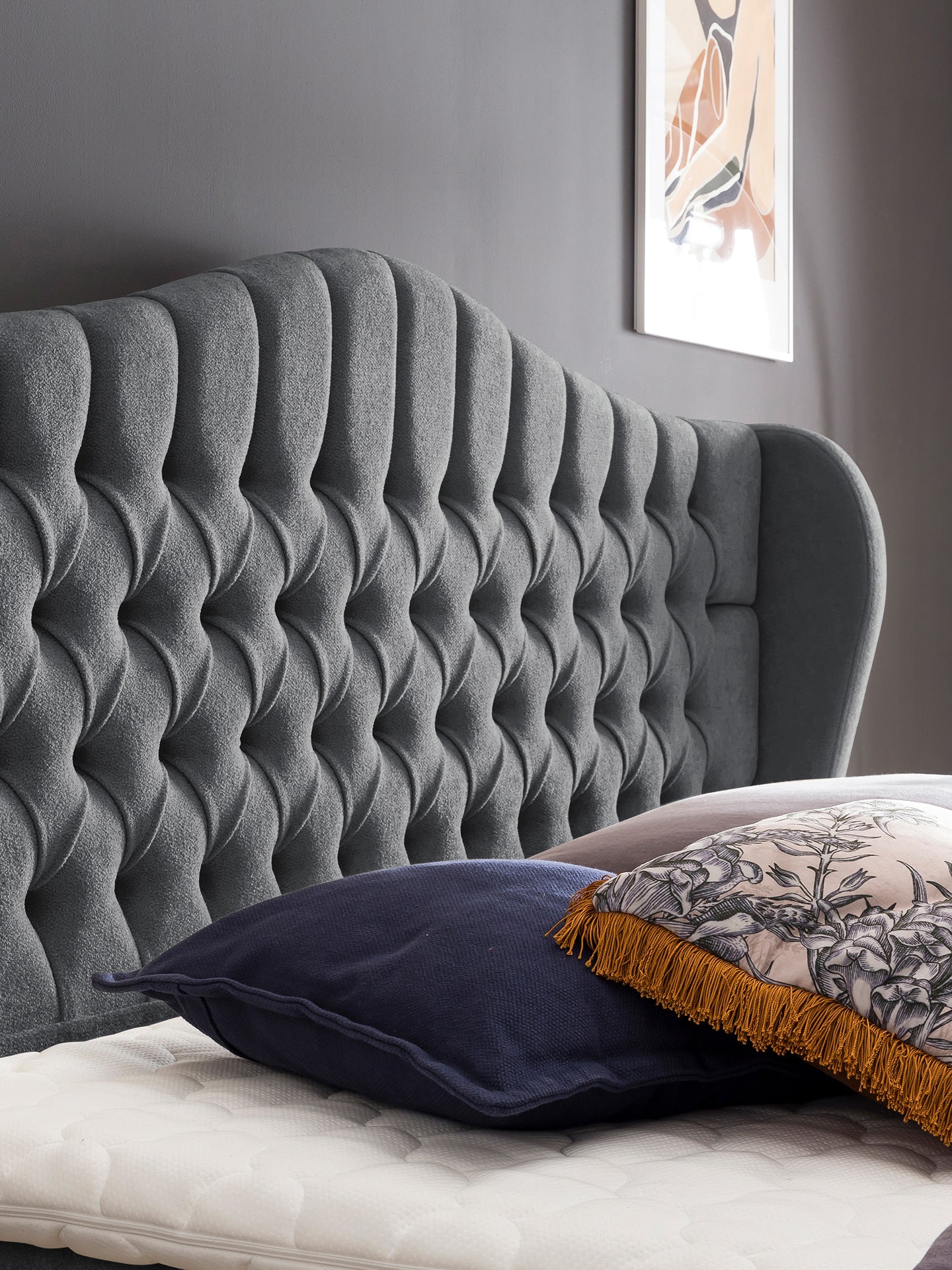 Teddy-Bouclé Boxspringbett mit Stauraum Dunkelgrau MAISON