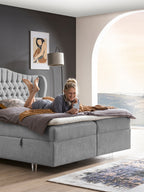 Teddy-Bouclé Boxspringbett mit Stauraum Grau MAISON