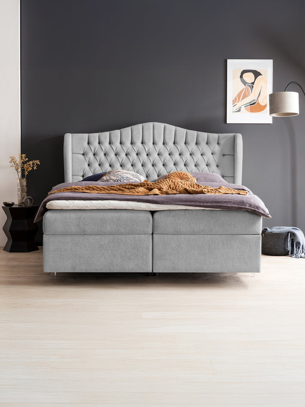 Teddy-Bouclé Boxspringbett mit Stauraum Grau MAISON