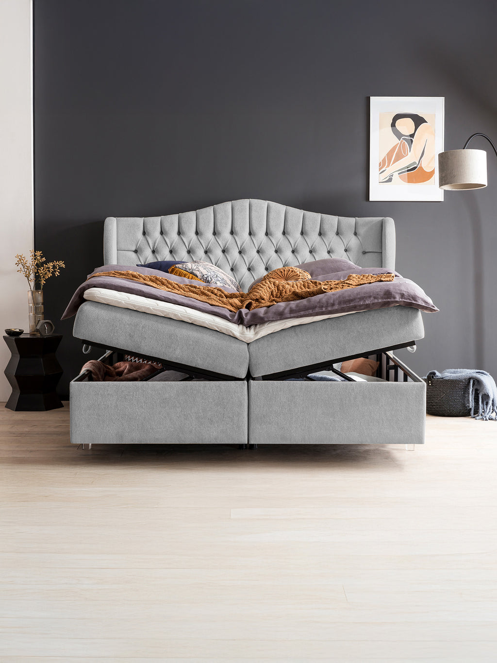 Teddy-Bouclé Boxspringbett mit Stauraum Grau MAISON