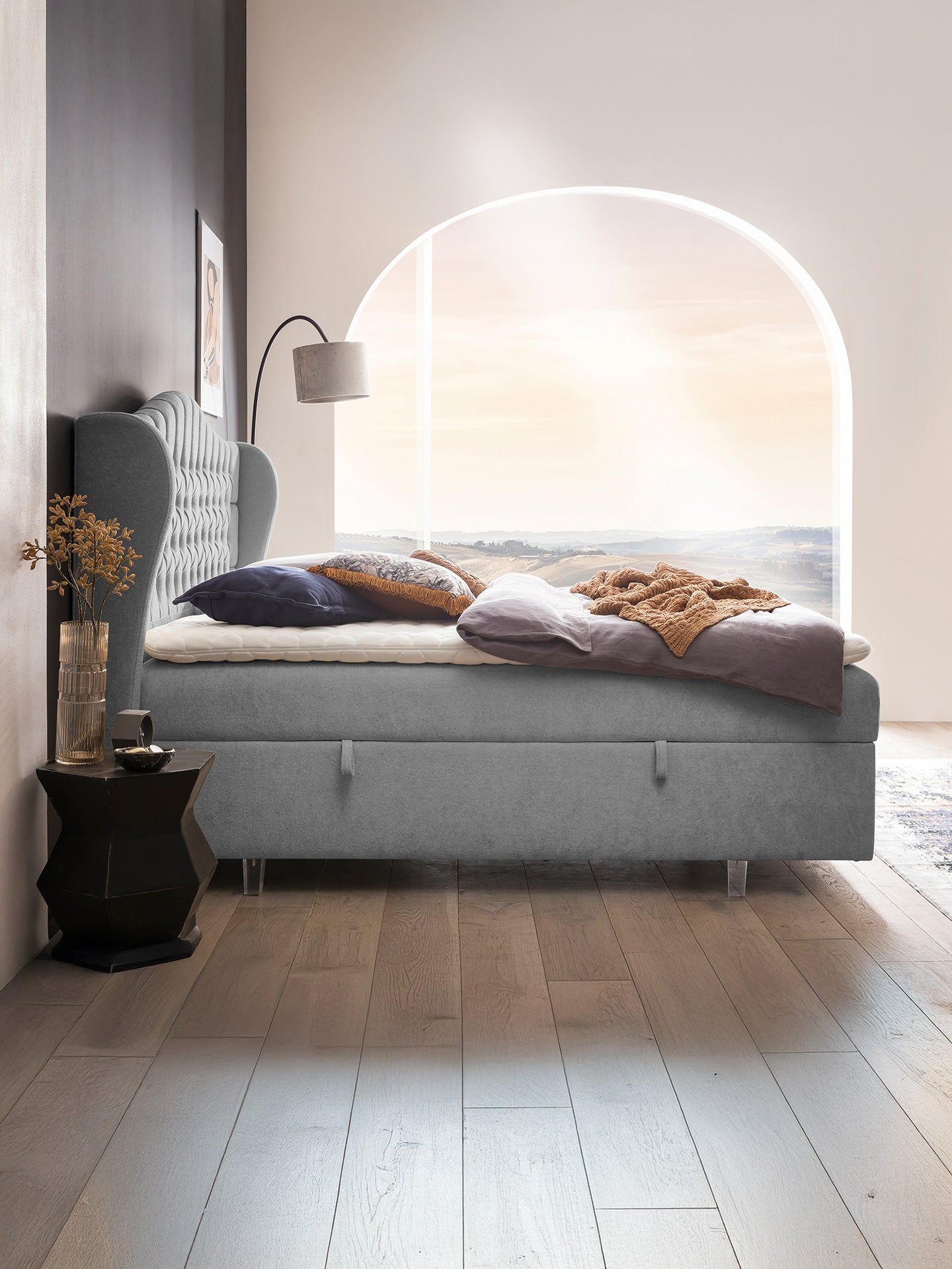 Teddy-Bouclé Boxspringbett mit Stauraum Grau MAISON