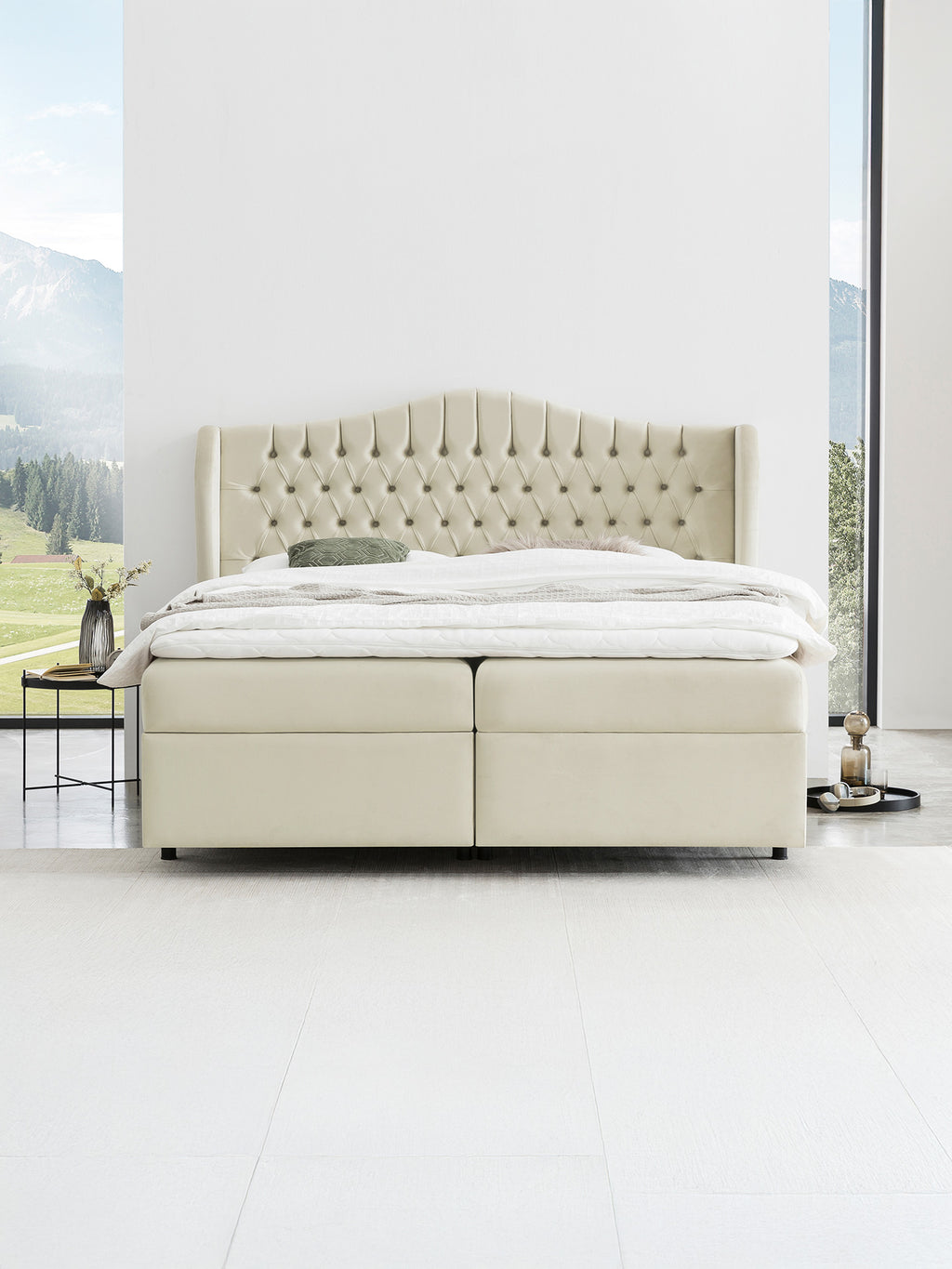 Velours Boxspringbett mit Stauraum Creme MAISON