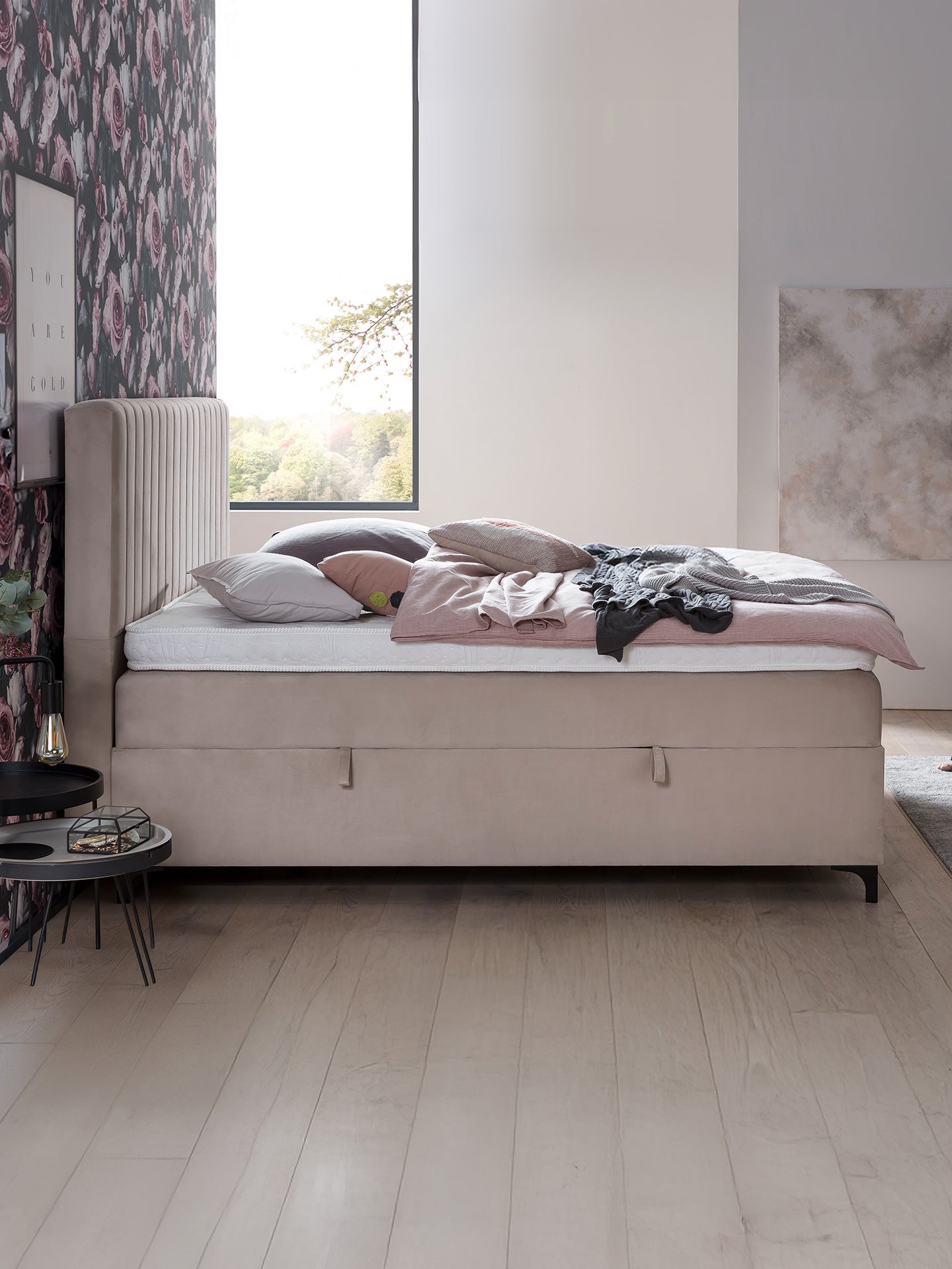 Velours Boxspringbett mit Stauraum Creme PARIS