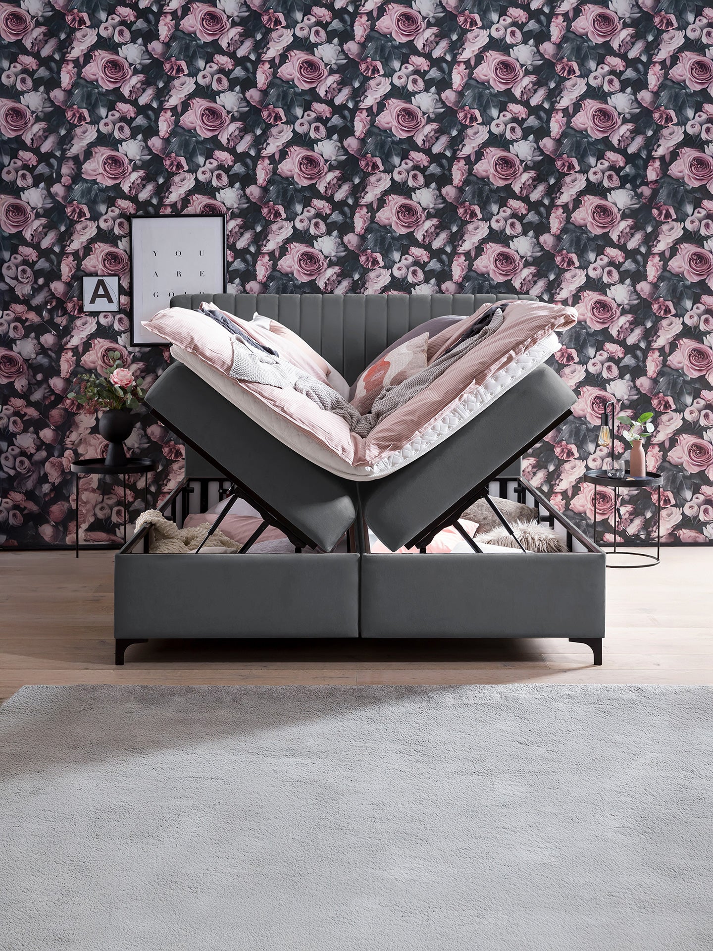 Velours Boxspringbett mit Stauraum Dunkelgrau PARIS