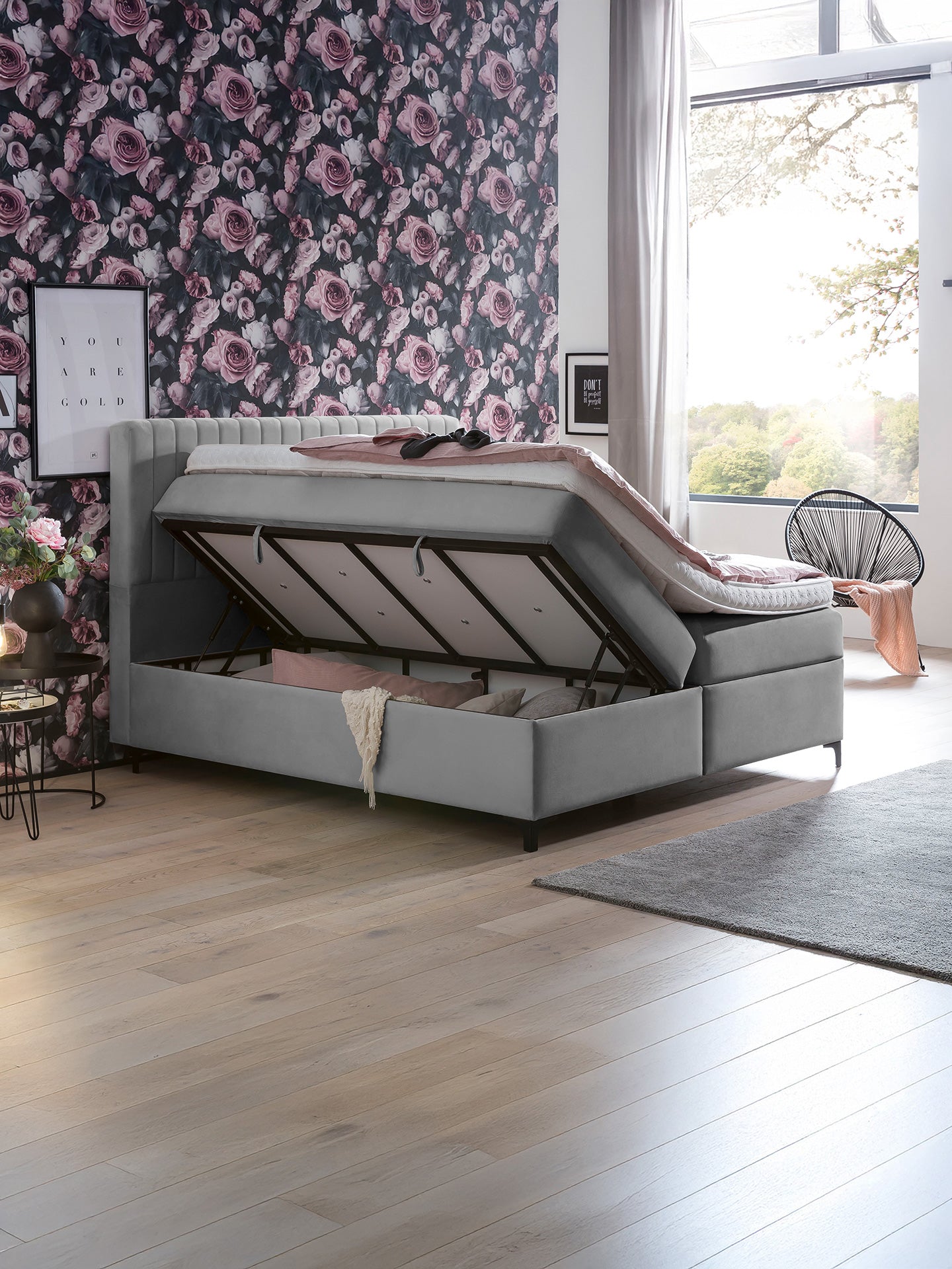 Velours Boxspringbett mit Stauraum Grau PARIS