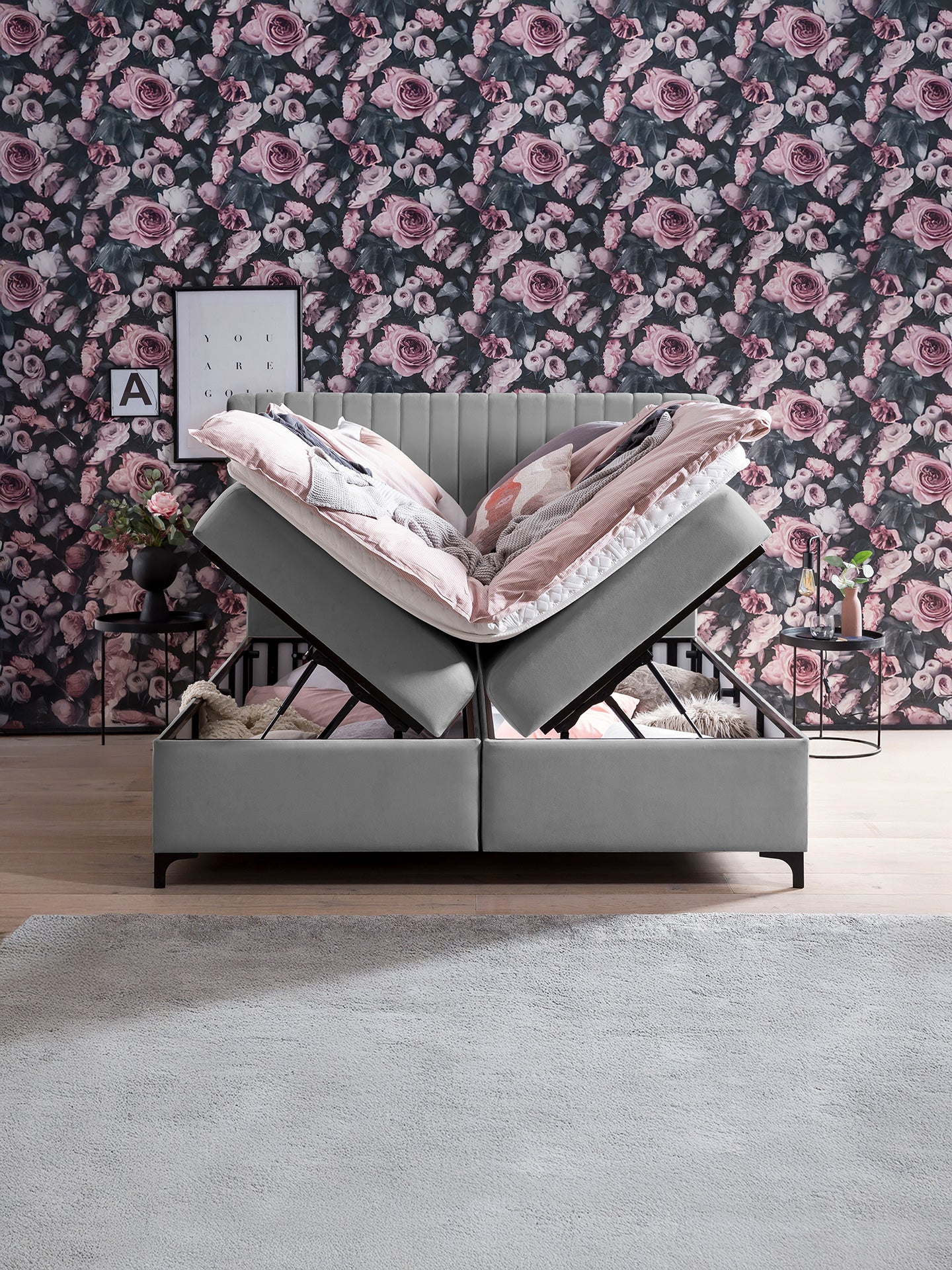 Velours Boxspringbett mit Stauraum Grau PARIS