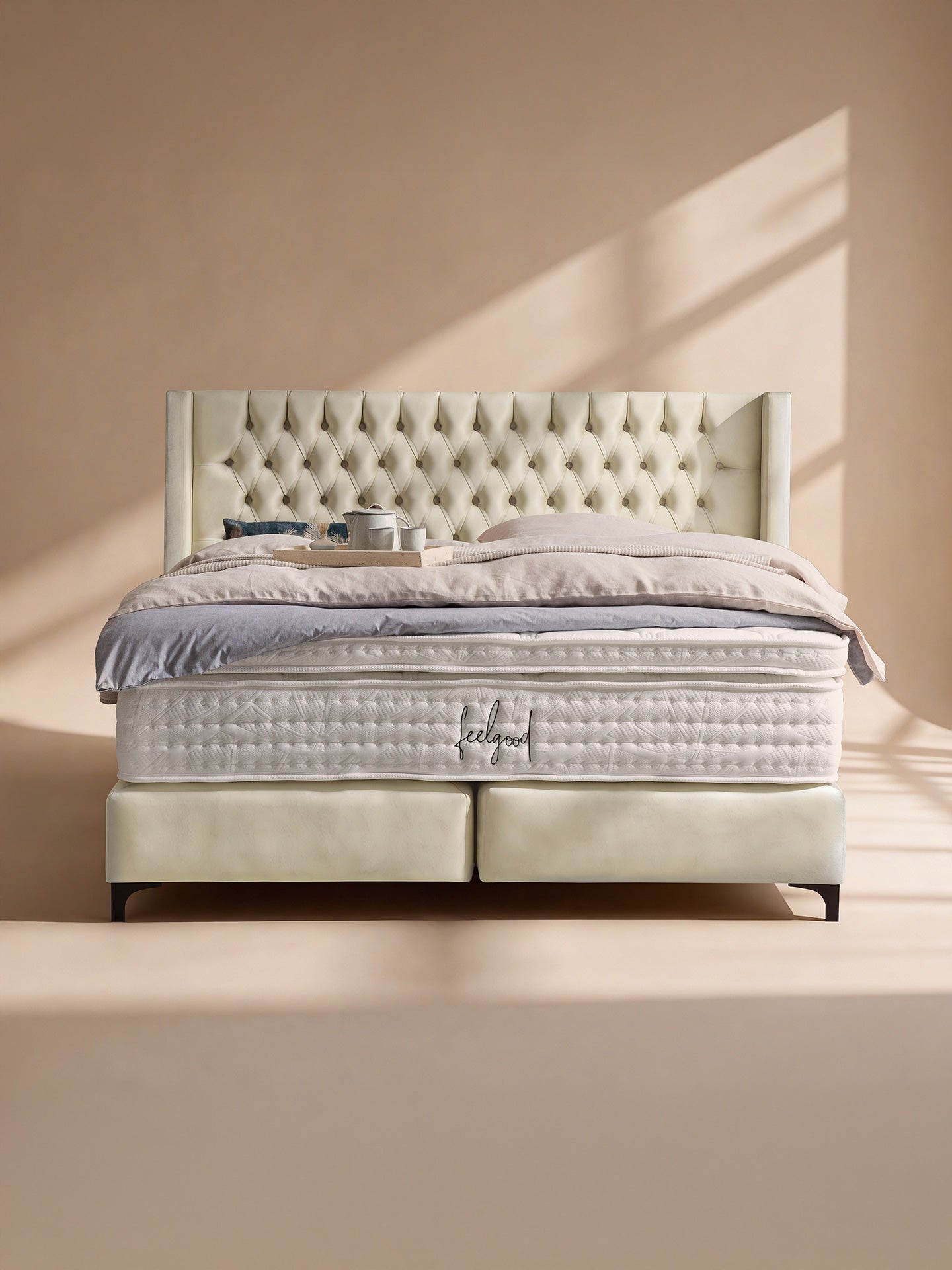 Velours Boxspringbett Creme FLORIDA