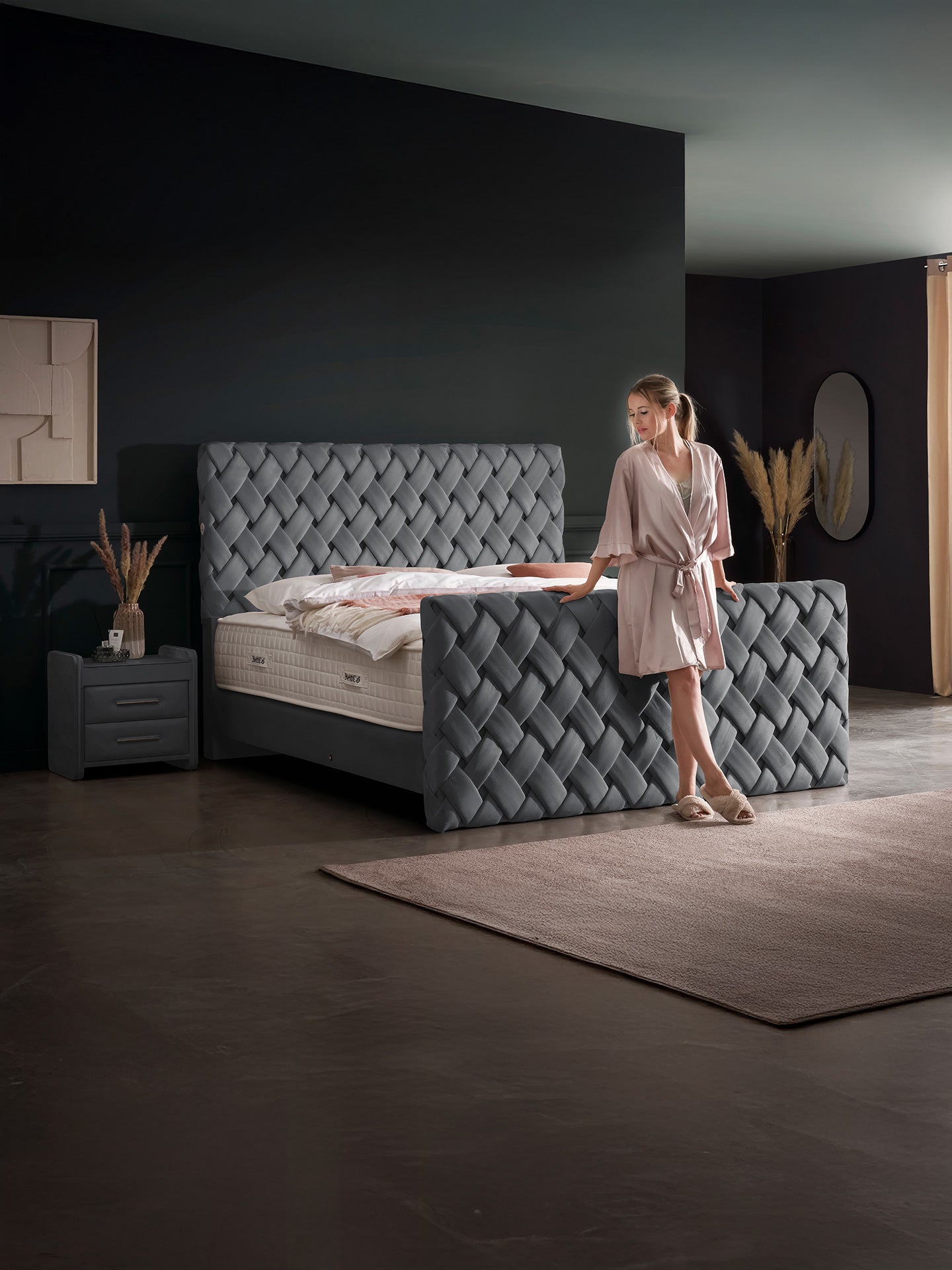 Velours Luxus Boxspringbett Dunkelgrau CROWNE