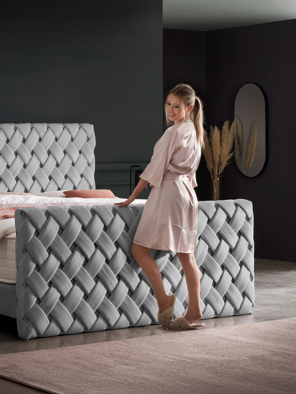 Velours Luxus Boxspringbett Grau CROWNE