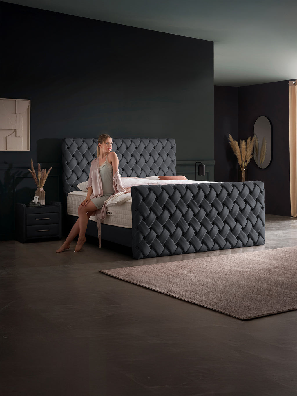 Velours Luxus Boxspringbett Schwarz CROWNE