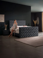 Velours Luxus Boxspringbett Schwarz CROWNE