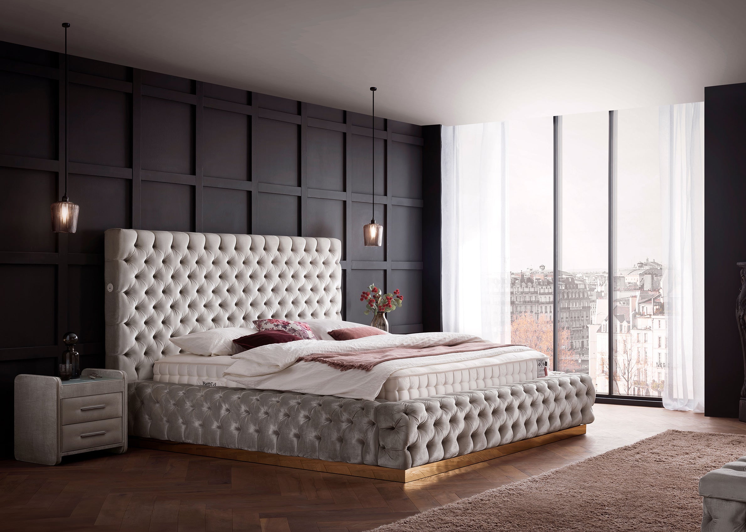 Velours Luxus Bett mit Bettkasten Creme PLAZA