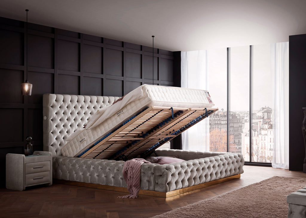 Velours Luxus Bett mit Bettkasten Creme PLAZA