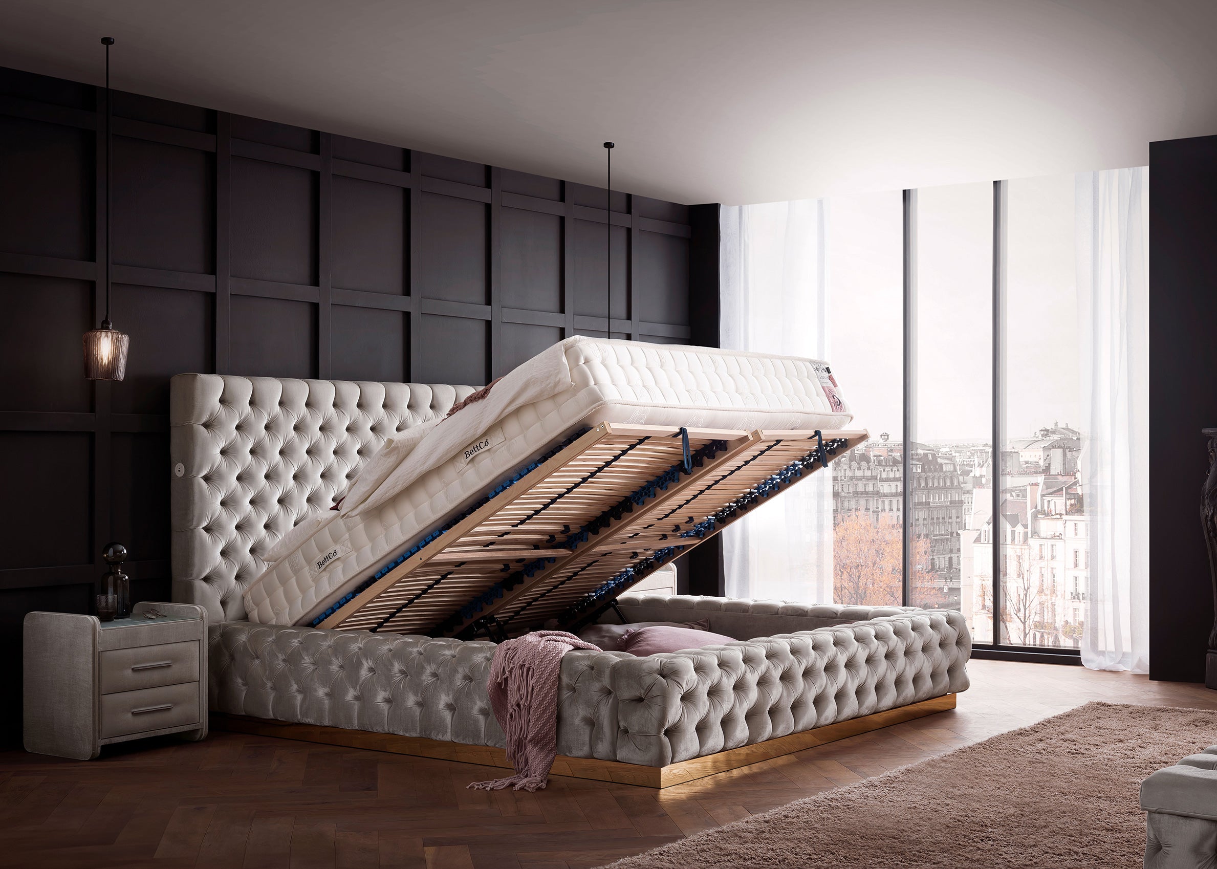 Velours Luxus Bett mit Bettkasten Creme PLAZA