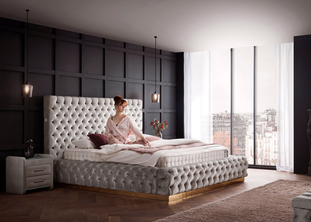 Velours Luxus Bett mit Bettkasten Creme PLAZA