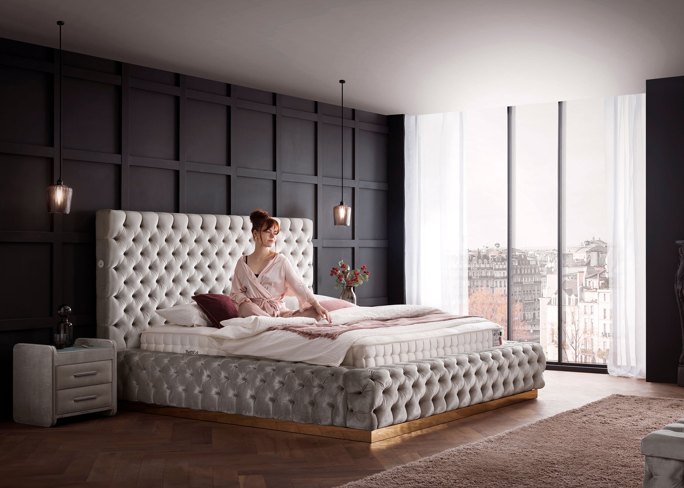 Velours Luxus Bett mit Bettkasten Creme PLAZA