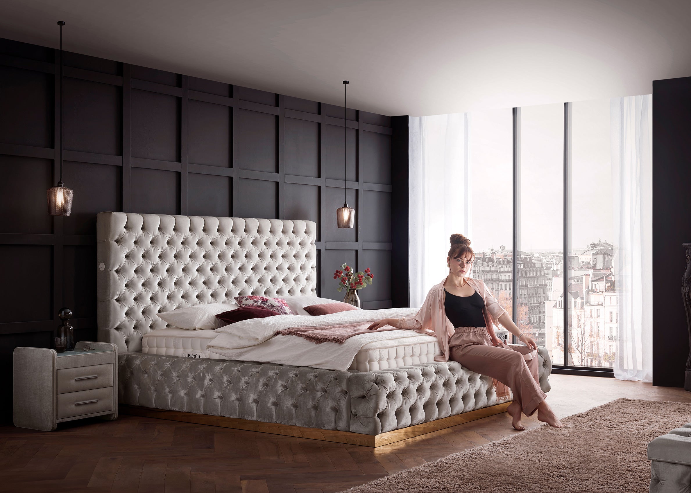 Velours Luxus Bett mit Bettkasten Creme PLAZA