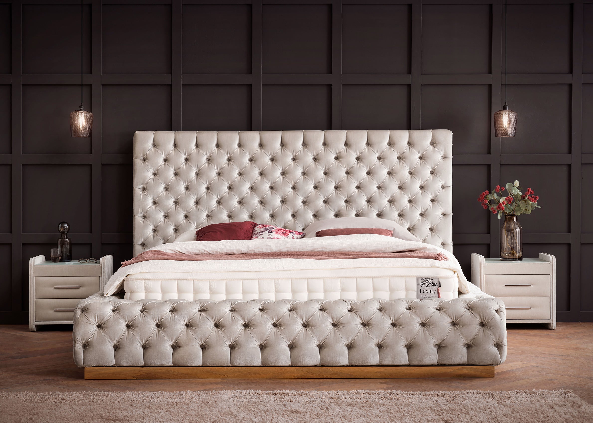 Velours Luxus Bett mit Bettkasten Creme PLAZA