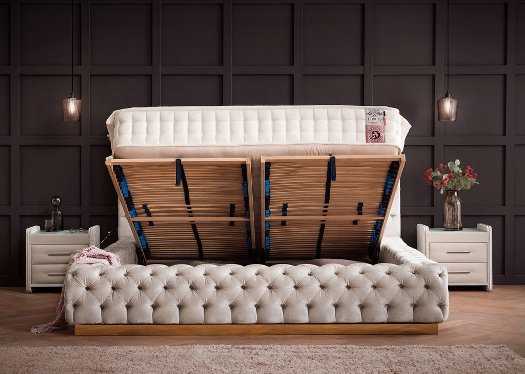 Velours Luxus Bett mit Bettkasten Creme PLAZA