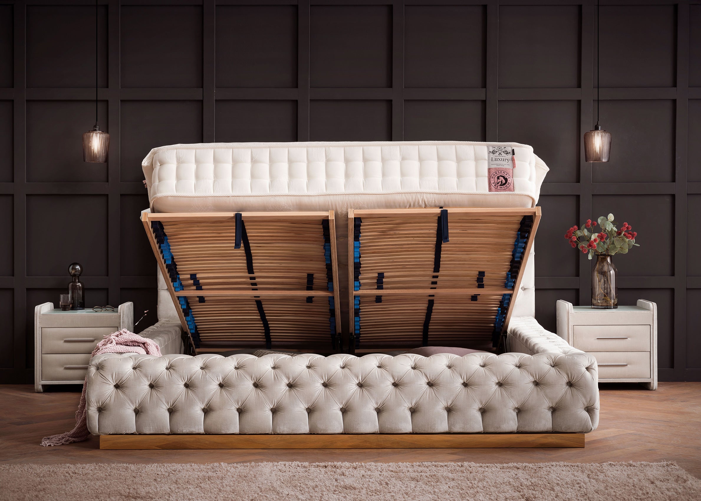 Velours Luxus Bett mit Bettkasten Creme PLAZA