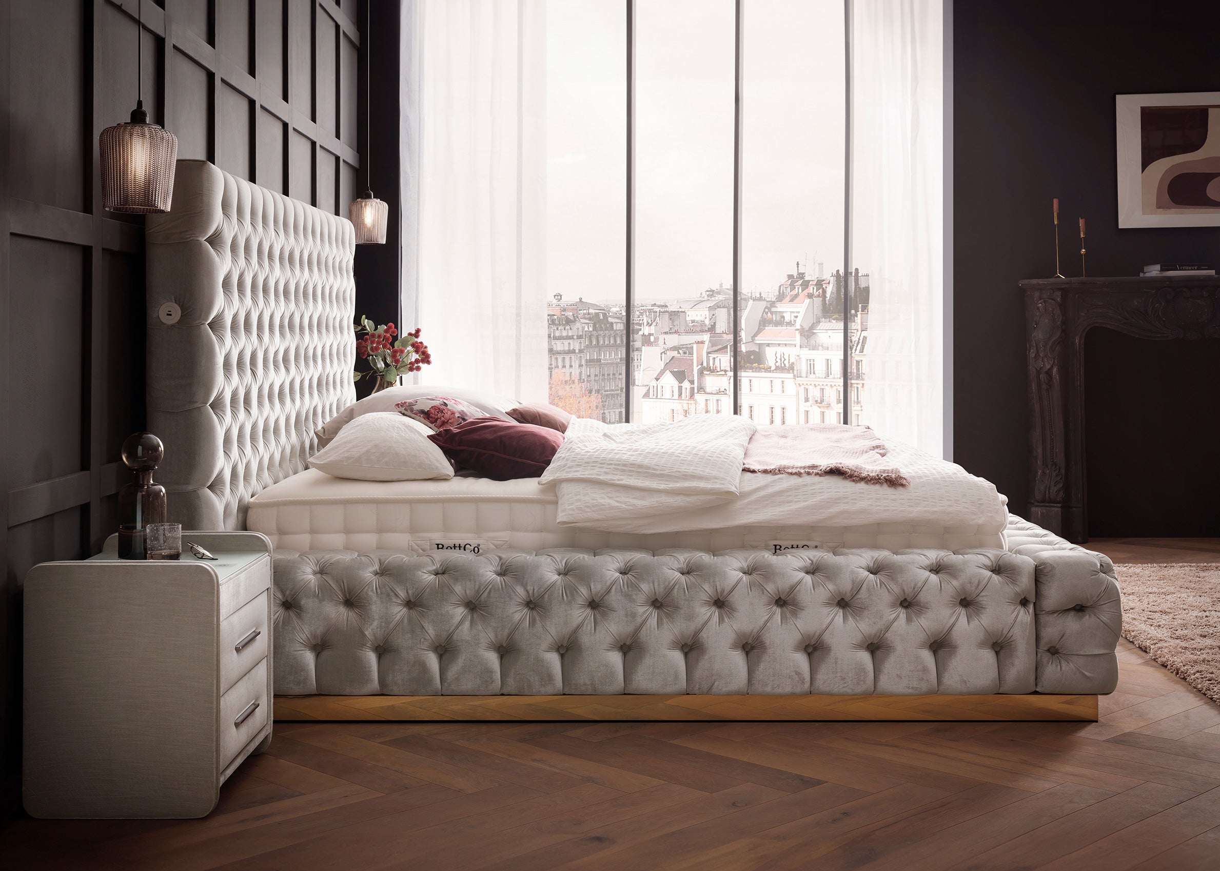 Velours Luxus Bett mit Bettkasten Creme PLAZA