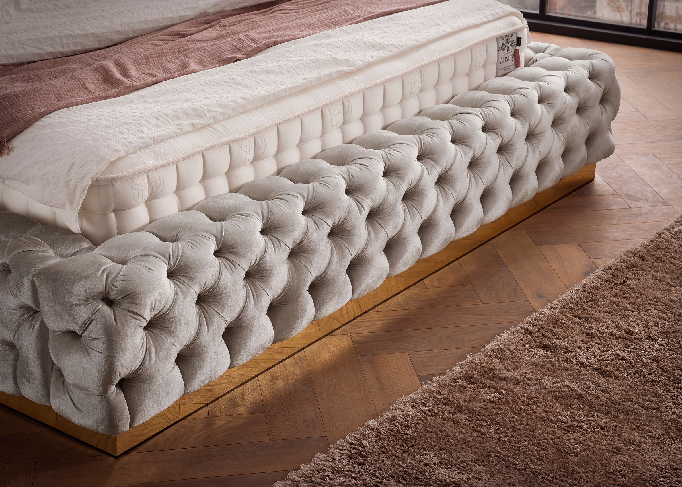 Velours Luxus Bett mit Bettkasten Creme PLAZA