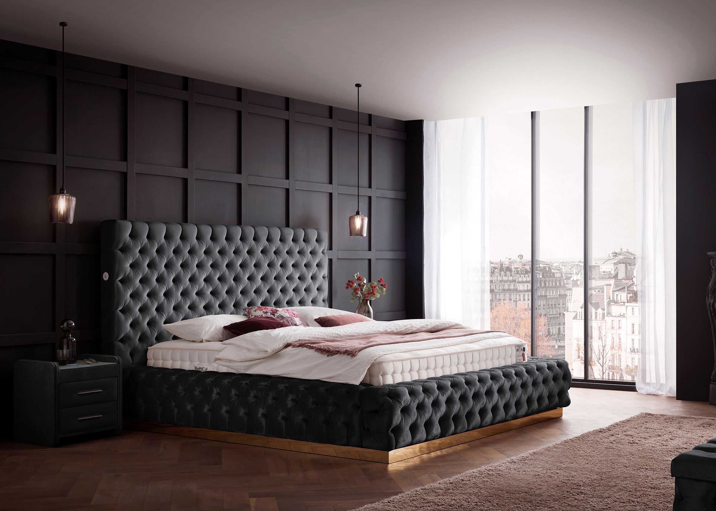 Velours Luxus Bett mit Bettkasten Dunkelgrau PLAZA