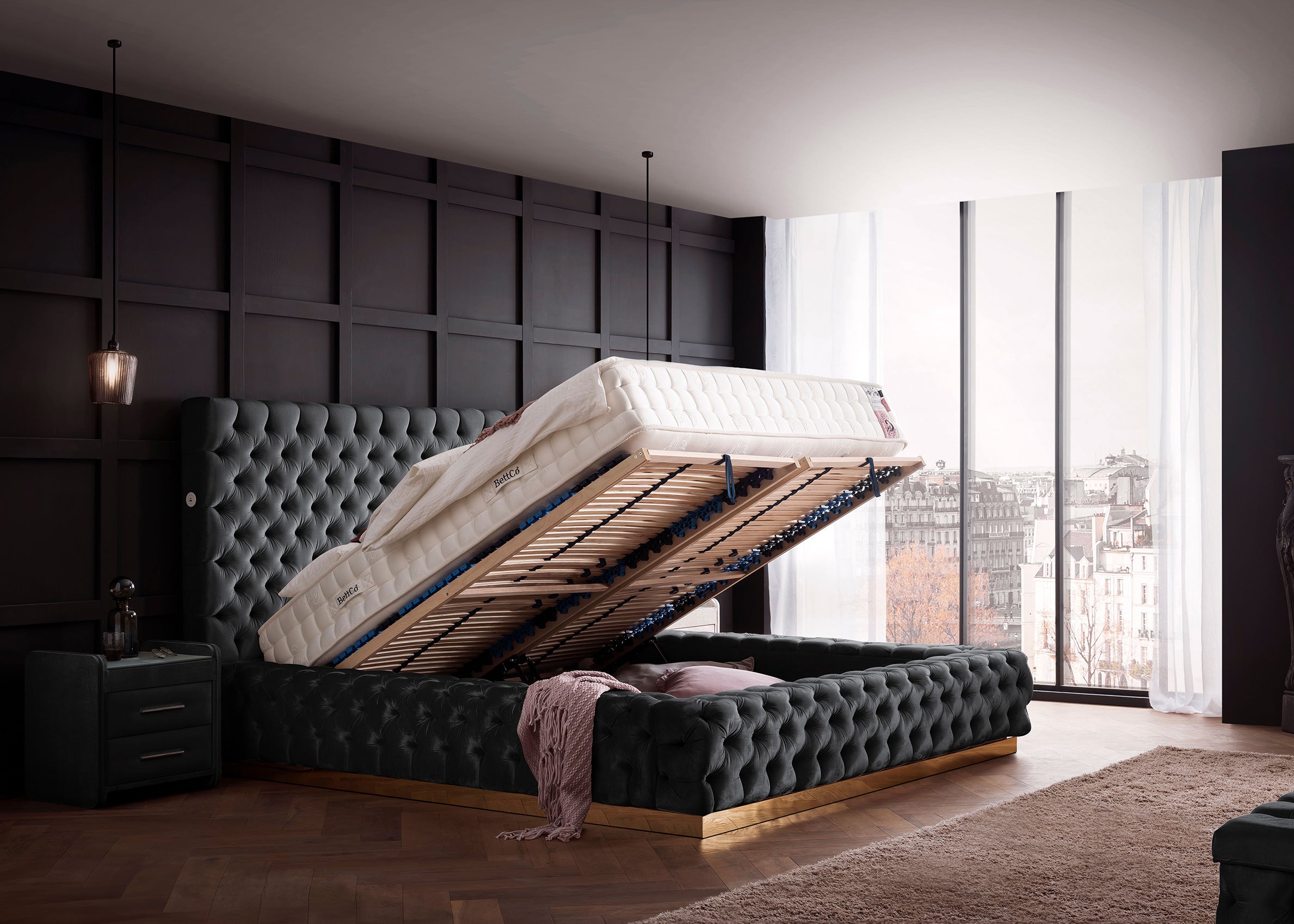 Velours Luxus Bett mit Bettkasten Dunkelgrau PLAZA